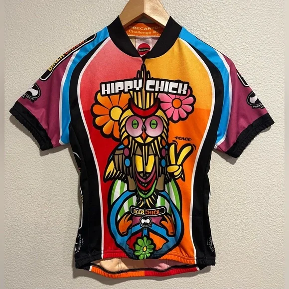 World Jerseys Biker Hippy Chick Zip Up Short Sleeve Active Top Groovy Size M - Picture 4 of 16